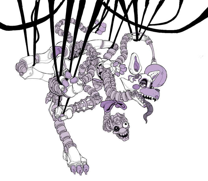 2023 ambiguous_gender animatronic anthro biped bow_accessory canid canine claws digital_media_(artwork) five_nights_at_freddy's five_nights_at_freddy's_2 grey_body hi_res looking_at_viewer machine mammal mangle_(fnaf) nsfuwu4 purple_body robot scottgames simple_background solo toe_claws tongue tongue_out white_background white_body wire