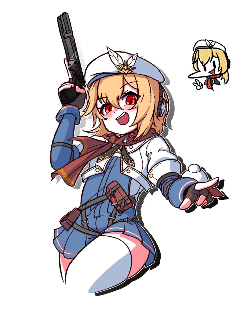 1girl :d black_gloves blonde_hair blue_dress blush chibi chibi_inset classic7 cowboy_shot dress fingerless_gloves girls'_frontline girls'_frontline_2:_exilium gloves gun handgun hat highres holding holding_gun holding_weapon long_sleeves looking_at_viewer nagant_m1895 nagant_revolver_(girls'_frontline) open_mouth red_eyes revolver simple_background smile thighhighs trigger_discipline v weapon white_background white_hair white_thighhighs