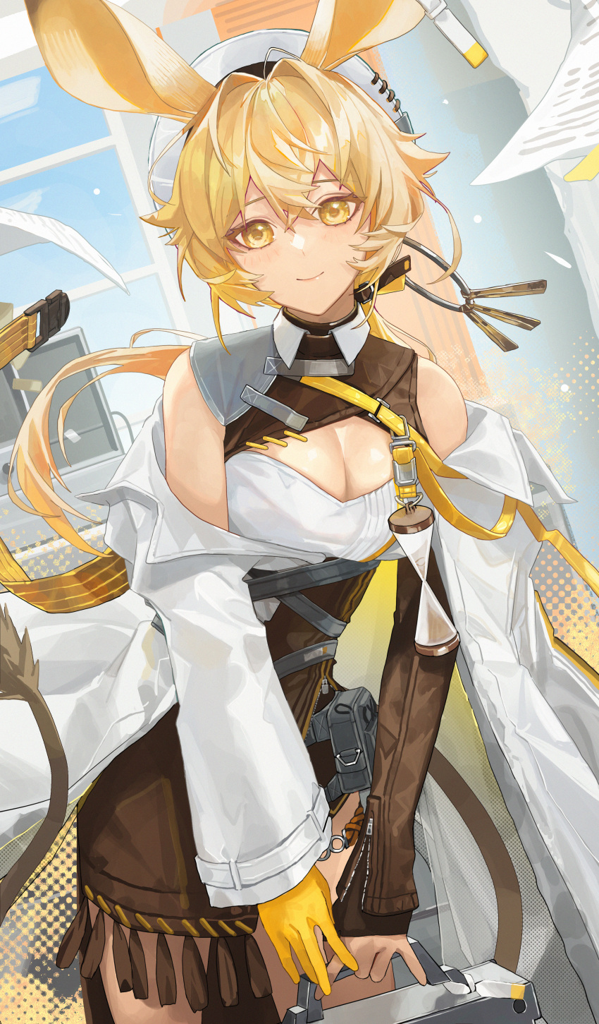 1girl absurdres animal_ears arknights bare_shoulders blonde_hair breasts brown_skirt cleavage commentary_request cowboy_shot dorothy_(arknights) gloves hair_intakes high-waist_skirt highres long_hair looking_at_viewer monge_baby off_shoulder single_glove skirt smile solo standing white_headwear yellow_eyes yellow_gloves