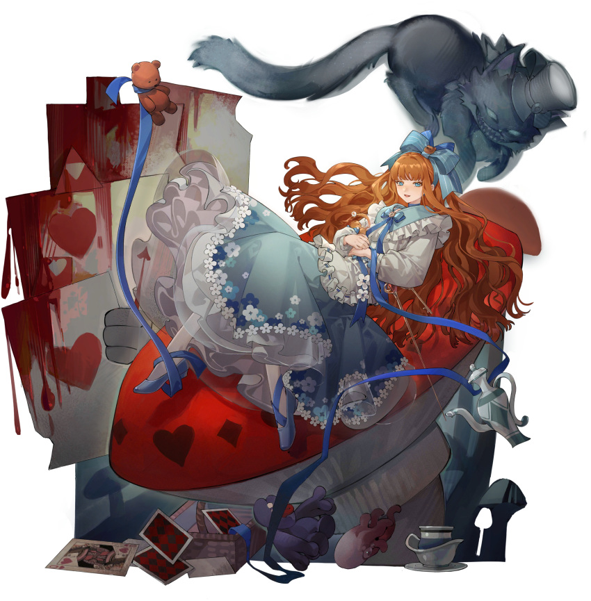 1girl ace_(playing_card) ace_of_hearts alice_in_wonderland baby_blue blue_bow blue_bowtie blue_dress blue_footwear blue_ribbon bow bowtie card cheshire_cat_(alice_in_wonderland) cup dress frilled_dress frilled_shirt_collar frills full_body hair_bow heart highres long_sleeves looking_at_viewer mushroom official_art pantyhose petticoat playing_card puffy_long_sleeves puffy_sleeves reverse:1999 ribbon shirt solo stuffed_animal stuffed_toy surreal teacup teapot teddy_bear third-party_source white_pantyhose white_shirt