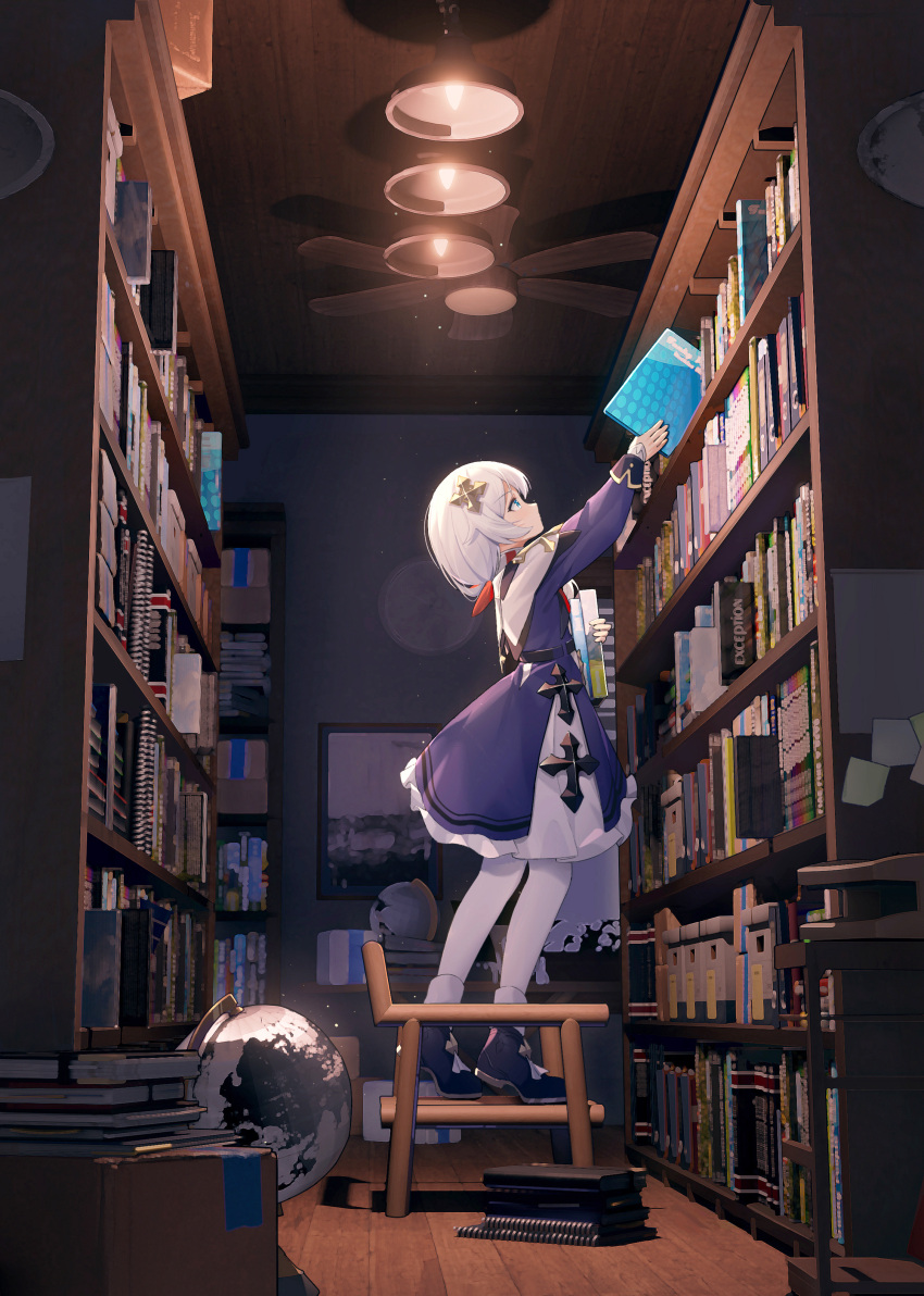 1girl absurdres black_footwear blue_dress blue_eyes book bookshelf dress full_body globe hair_ornament highres holding holding_book honkai_(series) honkai_impact_3rd indoors library long_hair long_sleeves revision side_ponytail solo standing theresa_apocalypse theresa_apocalypse_(valkyrie_pledge) thighhighs white_thighhighs wood_cube