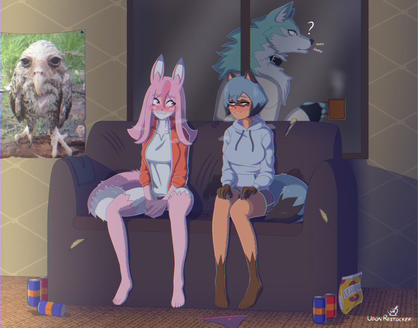 alternate_costume anthro barefoot bedroom_eyes beverage blue_body blue_fur blue_hair blush bodily_fluids brand_new_animal breasts brown_body brown_fur canid canine canis chips_(food) clothed clothing clothing_swap coffee_mug eye_contact feet female food fox fur furniture grin hair half-closed_eyes hi_res holding_object long_hair looking_at_another male mammal michiru_kagemori musk musk_clouds narrowed_eyes nazuna_hiwatashi panties_on_floor pantsless pink_body pink_fur pink_hair poster question_mark raccoon_dog seductive sexual_tension shirou_ogami smile sniffing sofa studio_trigger sweat tail tanuki topwear udon_restocker white_body white_fur window wolf