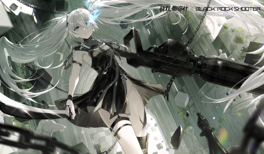 1girl alternate_costume artist_request belt black_rock_shooter black_rock_shooter_(character) black_thighhighs blue_eyes blue_fire board_game chain chess chess_piece collaboration cube dress fire flaming_eye frown gun highres holding holding_sword holding_weapon looking_at_viewer mechanical_arms mechanical_parts official_alternate_costume official_art open_clothes open_dress punishing:_gray_raven single_mechanical_arm sword thighhighs twintails weapon white_hair