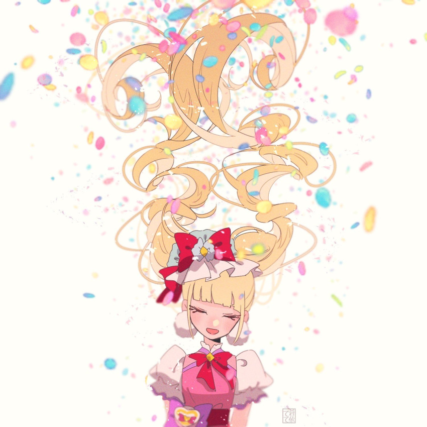 1girl aisaki_emiru artist_name blonde_hair blunt_bangs bow closed_eyes commentary confetti cure_macherie dress earrings facing_viewer hat hat_bow highres hugtto!_precure jewelry long_hair magical_girl mob_cap open_mouth petals pink_dress pom_pom_(clothes) pom_pom_earrings precure purple_bow red_bow signature smile solo tete_a twintails upper_body white_background white_headwear