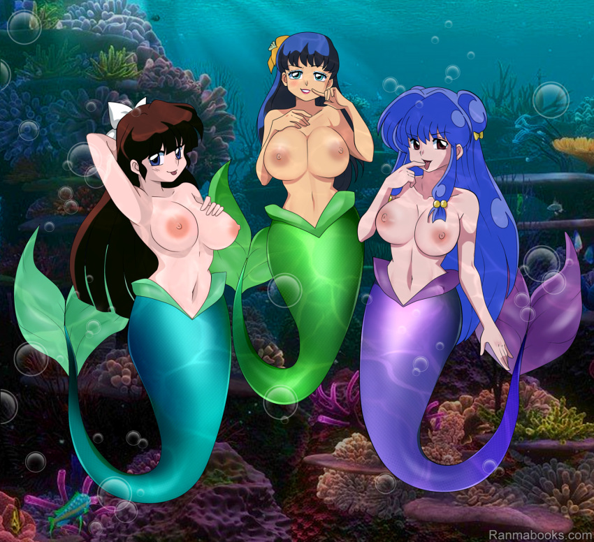 breasts brown_hair cologone female group hair hi_res marine merfolk nipples nude open_mouth ranma_1/2 shampoo_(ranma_1/2) split_form tongue tongue_out trio ukyo_kuonji underwater water white_bow xdrawnthatwayx