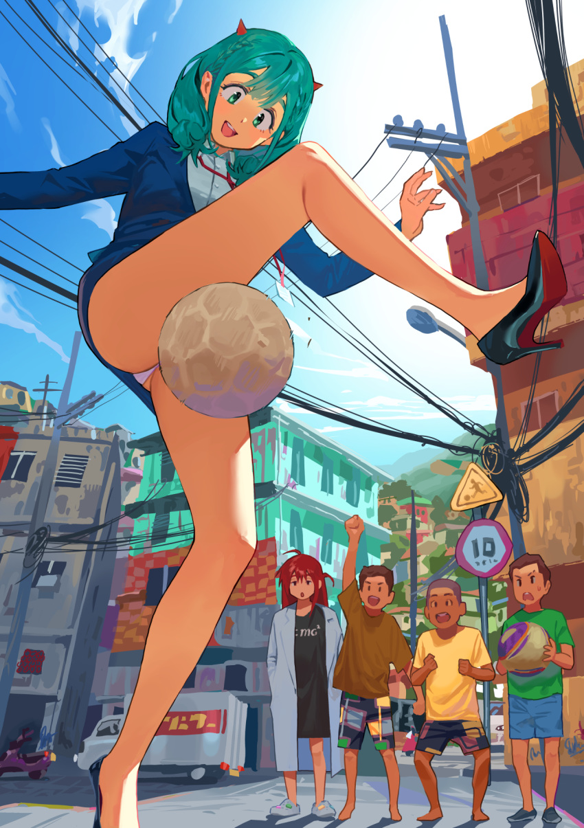 2girls 3boys ahoge aqua_hair arm_up ball bare_legs barefoot black_footwear blue_eyes blue_jacket blue_shorts blue_skirt blue_sky brown_hair brown_shirt building cloud collared_shirt commentary_request crocs day from_below green_hair green_shirt high_heels highres hipa_(some1else45) holding holding_ball horns id_card jacket lab_coat lamppost lanyard legs light_smile long_hair long_sleeves motor_vehicle multicolored_clothes multicolored_shorts multiple_boys multiple_girls nahia_(some1else45) office_lady open_mouth original outdoors panties pantyshot playing_sports portuguese_commentary power_lines pumps red_hair red_horns road road_sign scooter shirt short_hair short_sleeves shorts sign skirt sky soccer_ball some1else45 standing standing_on_one_leg street suit_jacket teeth truck underwear upper_teeth_only upskirt utility_pole white_panties white_shirt yellow_shirt