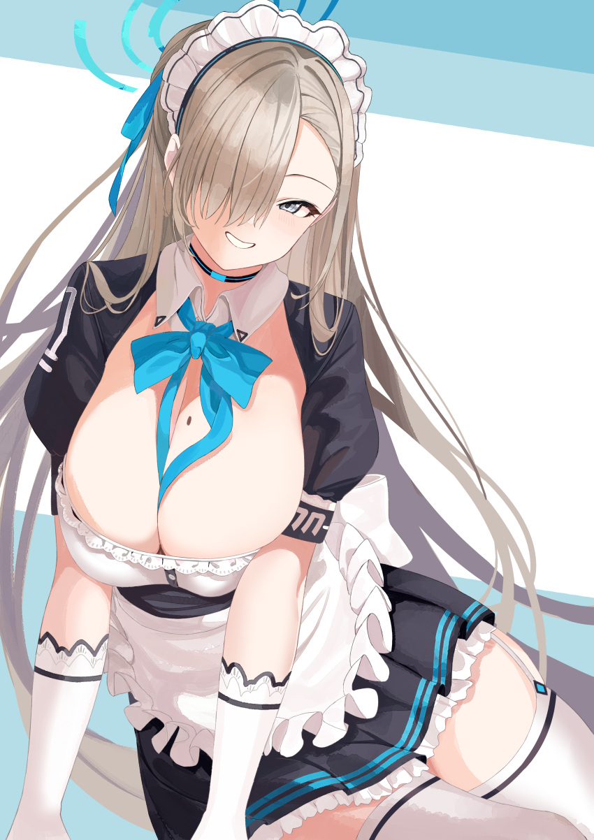 1girl absurdres apron asuna_(blue_archive) asymmetrical_bangs blonde_hair blue_archive blue_bow blue_bowtie blush bow bowtie breasts cleavage dress elbow_gloves frilled_apron frills gloves grey_eyes grin hair_over_one_eye halo highres large_breasts long_bangs long_hair maid maid_headdress mole mole_on_breast one_eye_covered parted_lips puffy_short_sleeves puffy_sleeves short_dress short_sleeves smile solo thighhighs tnr_(horiko1525) very_long_hair white_apron white_gloves white_thighhighs zettai_ryouiki
