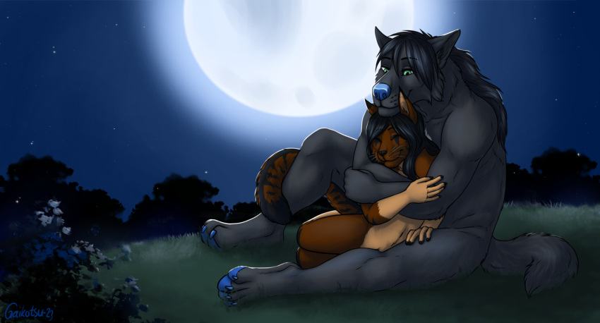 2023 anthro black_body black_fur black_hair blue_nose blue_pawpads brown_body brown_fur canid canine claws cuddling digitigrade domestic_cat duo embrace eyes_closed felid feline felis female full_moon fur gaikotsu gloves_(marking) grass green_eyes hair hand_on_arm hand_on_leg hand_on_thigh hi_res hug light male male/female mammal markings moon moonlight muscular muscular_anthro muscular_male night nude outside pawpads plant romantic romantic_couple serene shrub signature sitting sky smile star tail tail_around_leg tail_around_partner toe_claws were werecanid werecanine werewolf