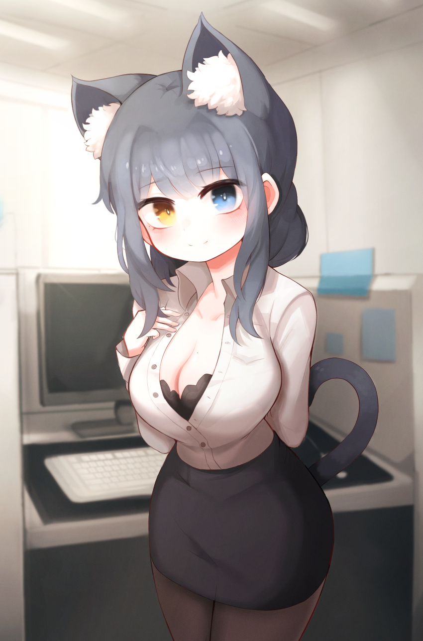 1girl absurdres animal_ear_fluff animal_ears arm_behind_back black_bra black_skirt blue_eyes bra bra_peek breasts cat_ears cat_girl cat_tail cleavage closed_mouth collarbone collared_shirt computer cubicle desk dress_shirt extra_ears formal grey_hair hand_on_own_chest heterochromia highres hwaryeok indoors keyboard_(computer) lace-trimmed_bra lace_trim large_breasts leaning_forward mole mole_on_breast monitor mouse_(computer) office office_lady original pantyhose partially_unbuttoned pencil_skirt shirt sidelocks skirt skirt_suit smile solo sticky_note suit tail underwear white_shirt yellow_eyes