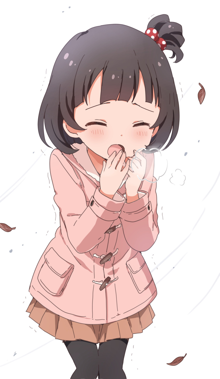 1girl absurdres black_hair black_thighhighs blush breath brown_skirt buchi_(y0u0ri_) coat cold commentary_request cowboy_shot dot_nose falling_leaves hair_bobbles hair_ornament hands_up highres idolmaster idolmaster_million_live! idolmaster_million_live!_theater_days leaf long_sleeves nakatani_iku one_side_up open_mouth pigeon-toed pink_coat short_hair simple_background skirt solo thighhighs trembling white_background winter