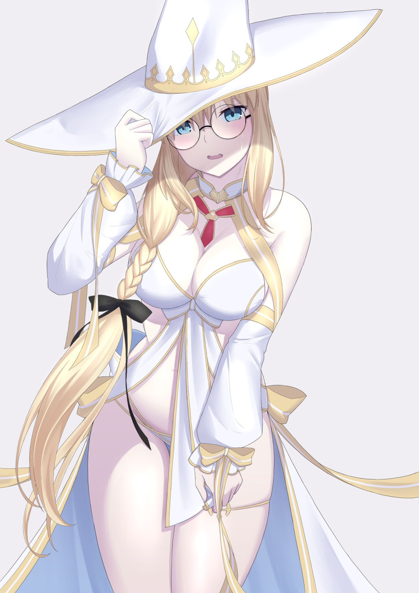 1girl bare_shoulders bikini blonde_hair blue_eyes blush braid breasts cleavage detached_sleeves fate/grand_order fate_(series) flower green_eyes hair_ornament hat highres holding large_breasts large_hat long_hair looking_at_viewer morgan_le_fay_(water_princess)_(fate) natu_zame smile solo swimsuit tonelico_(fate) very_long_hair white_bikini witch_hat