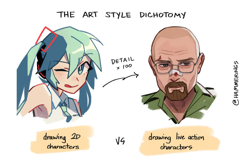 1boy 1girl animification armpit_peek bald bandage_on_face bandages blood blood_on_face blue_eyes blue_necktie breaking_bad collared_shirt english_commentary english_text facial_hair goatee grey_shirt hair_between_eyes hammerings hatsune_miku headphones highres necktie one_eye_closed shirt sleeveless sleeveless_shirt smile twintails twitter_username vocaloid walter_white