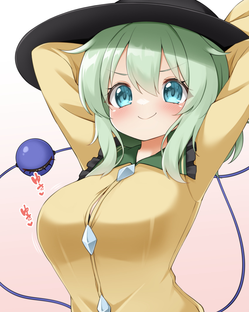 1girl black_headwear blush bow buttons closed_mouth collared_shirt diamond_button frilled_shirt_collar frills green_bow green_eyes hair_between_eyes hat highres komeiji_koishi long_sleeves shirt short_hair smile solo suwa_yasai third_eye touhou upper_body yellow_shirt