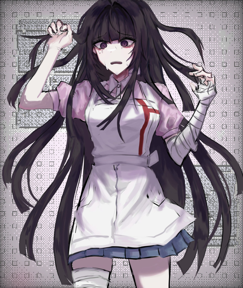 1girl apron arm_up bandaged_arm bandaged_leg bandages black_hair breasts collared_shirt cowboy_shot d: danganronpa_(series) danganronpa_2:_goodbye_despair grey_background hand_up highres large_breasts long_hair miniskirt pink_shirt pleated_skirt purple_eyes shirt shuikoki skindentation skirt solo tears teeth tsumiki_mikan upper_teeth_only white_apron