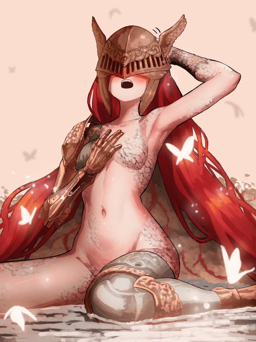 1girl absurdres bare_arms bare_shoulders blush breasts bug butterfly ekrea_jan elden_ring helmet highres long_hair malenia_blade_of_miquella malenia_goddess_of_rot navel nude open_mouth prosthesis prosthetic_arm prosthetic_leg red_hair scar sitting small_breasts solo teeth wariza winged_helmet