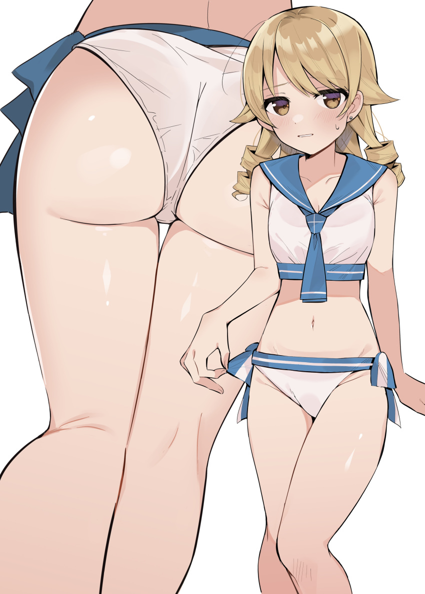 1girl absurdres blush breasts collarbone dddd_akagi drill_hair earrings feet_out_of_frame highres idolmaster idolmaster_cinderella_girls jewelry kneepits light_brown_hair looking_at_viewer morikubo_nono multiple_views navel sailor_bikini sailor_collar sailor_swimsuit_(idolmaster) simple_background small_breasts stomach stud_earrings sweatdrop thigh_gap white_background