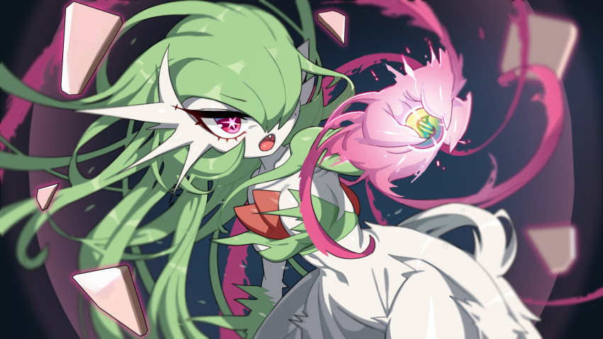 2023 3_fingers breasts drunk_oak female fingers green_hair hair hair_over_eye hi_res holding_object humanoid long_hair nintendo one_eye_obstructed open_mouth pokemon pokemon_(species) solo teeth tongue white_body white_breasts white_skin