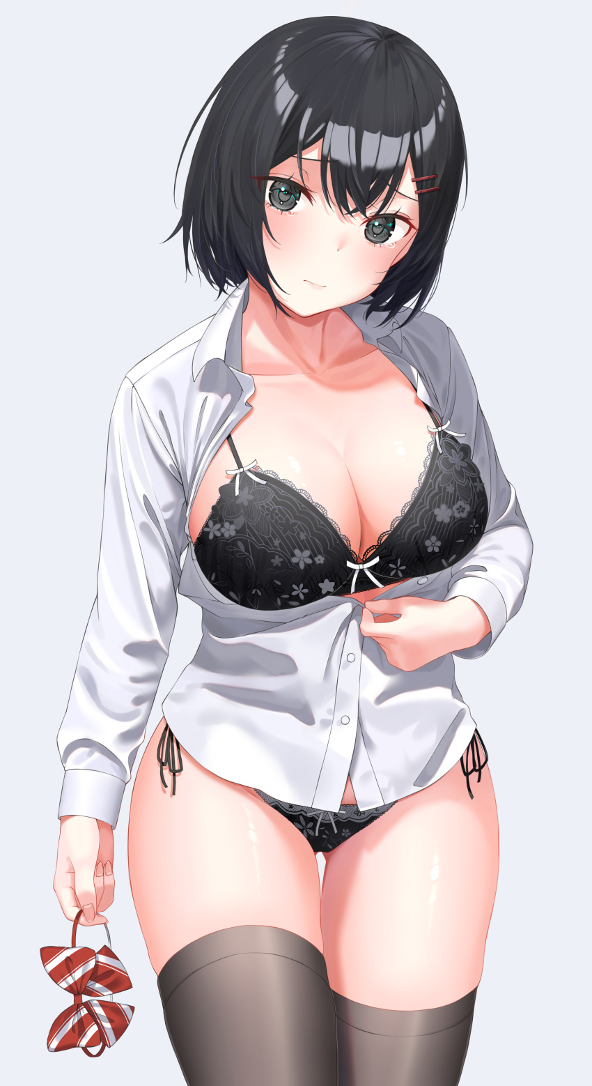 1girl absurdres black_bra black_eyes black_hair black_panties bow bowtie bra breasts brown_thighhighs collared_shirt dress_shirt hair_ornament hairclip highres holding holding_bow_(ornament) kiaoekakishitai large_breasts long_sleeves looking_at_viewer open_clothes open_shirt original panties red_bow red_bowtie school_uniform shirt short_hair side-tie_panties simple_background solo tearing_up thighhighs underwear white_background white_shirt wing_collar