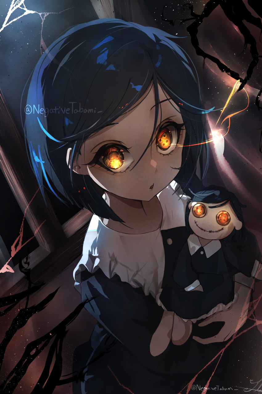 1girl absurdres black_dress black_hair button_eyes character_doll coraline coraline_jones dress highres hugging_doll hugging_object looking_at_viewer negativetabami short_hair solo yellow_eyes