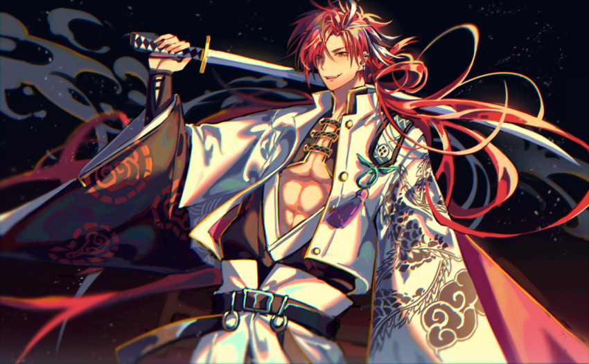 1boy black_background black_hair dragon_print earrings eyebrow_cut fate/grand_order fate_(series) hair_over_one_eye holding holding_sword holding_weapon jacket japanese_clothes jewelry kikan_(kikanoe) long_hair long_sleeves looking_at_viewer male_focus multicolored_hair nagatekkou pectoral_cleavage pectorals red_eyes red_hair smile solo streaked_hair sword takasugi_shinsaku_(fate) upper_body weapon white_hair white_jacket