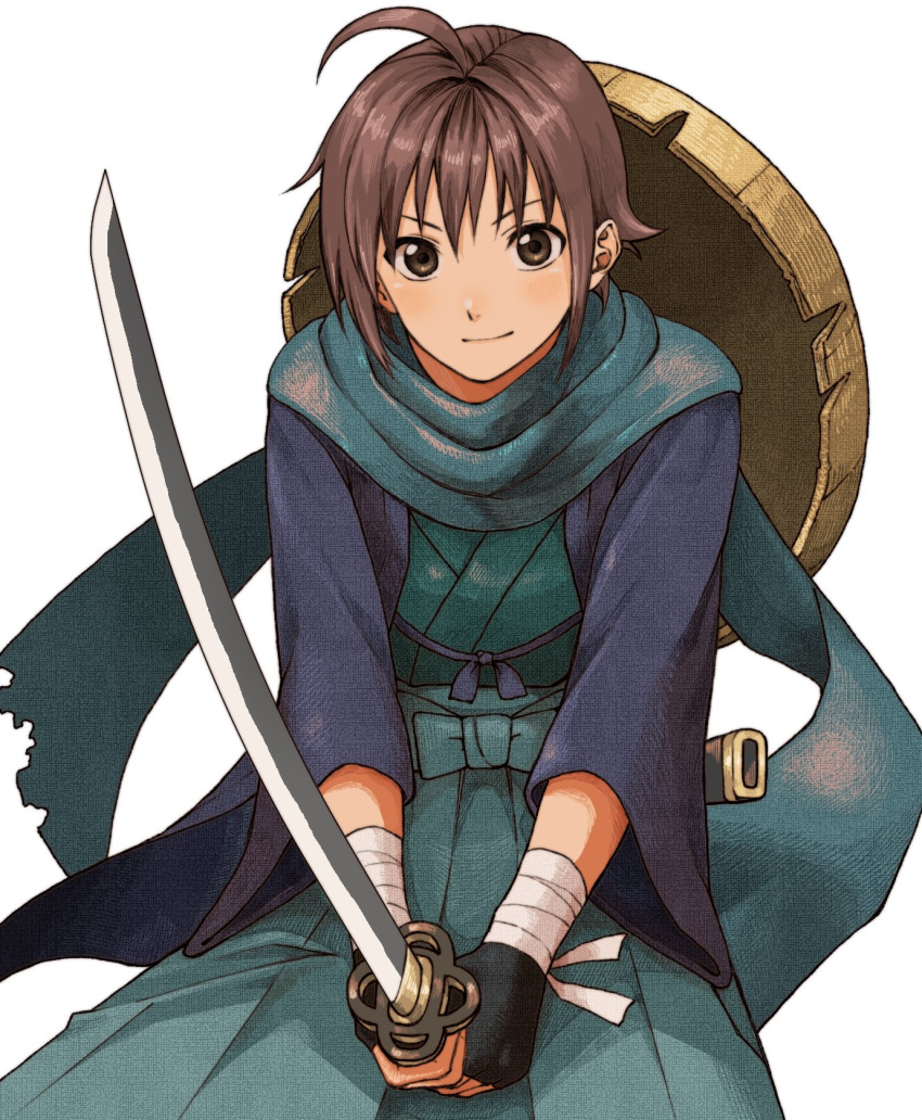 1girl ahoge ajirogasa bandaged_arm bandages batcheam816 black_gloves blue_scarf blush brown_eyes brown_hair closed_mouth crossdressing fingerless_gloves gloves green_kimono hakama haori hat highres holding holding_sword holding_weapon idolmaster idolmaster_cinderella_girls idolmaster_cinderella_girls_starlight_stage japanese_clothes katana kimono looking_at_viewer scarf shade short_hair simple_background smile solo sword wakiyama_tamami weapon white_background