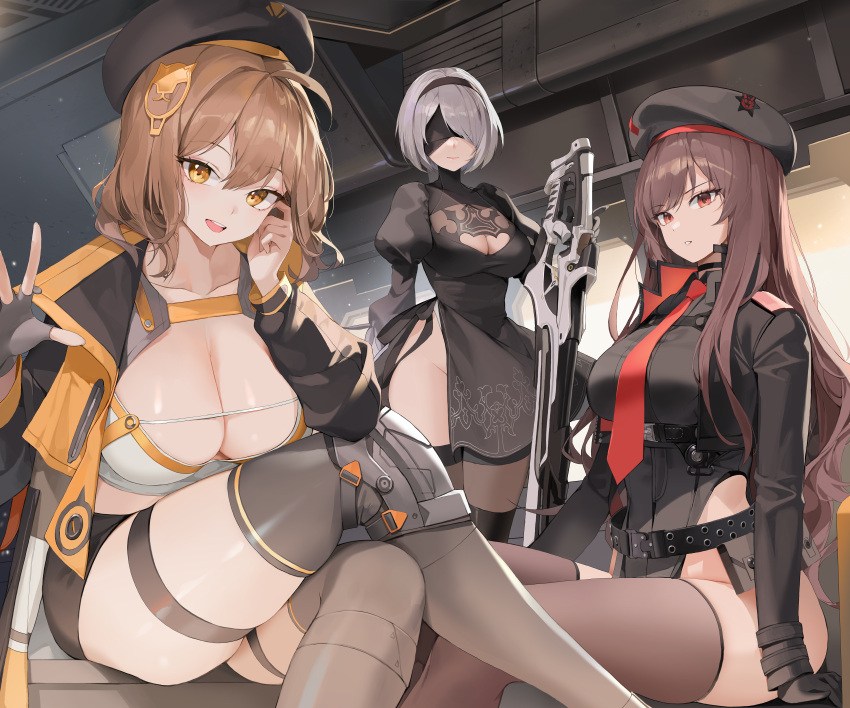 2b_(nier:automata) 3girls absurdres ahoge anis_(nikke) belt beret black_blindfold black_choker black_dress black_headwear black_jacket black_leotard black_shorts blindfold blonde_hair breasts brown_hair brown_thighhighs chest_belt choker choyeon cleavage cleavage_cutout clothing_cutout crop_top crossed_legs crossover dress fingerless_gloves gloves goddess_of_victory:_nikke grey_gloves grey_thighhighs hair_ornament hairband hairclip hands_up hat highleg highleg_leotard highres holding holding_sword holding_weapon ishikawa_yui jacket juliet_sleeves knee_pads large_breasts leotard long_hair long_sleeves looking_at_viewer loose_belt midriff military_hat multiple_belts multiple_girls necktie nier:automata nier_(series) open_clothes open_jacket open_mouth orange_eyes parted_lips puffy_sleeves rapi_(nikke) red_eyes shirt short_hair short_shorts shorts side_slit single_glove sitting skindentation smile standing sword thick_thighs thigh_strap thighhighs thighs very_long_hair weapon white_hair white_shirt