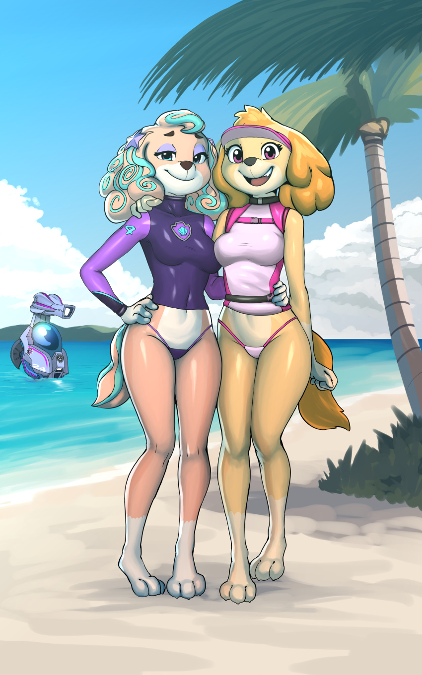 10:16 2023 3_toes 4_fingers absurd_res anthro anthrofied beach bikini bikini_bottom bird_dog blue_eyes canid canine canis clothed clothing cocker_spaniel coral_(paw_patrol) diacordst domestic_dog duo feet female fingers gloves_(marking) hair hand_on_hip hi_res hunting_dog leg_markings looking_at_viewer mammal markings multicolored_body multicolored_hair navel open_mouth open_smile outside partially_clothed pasties paw_patrol purple_eyes sea seaside skye_(paw_patrol) smile socks_(marking) spaniel standing swimwear toes two_tone_body water