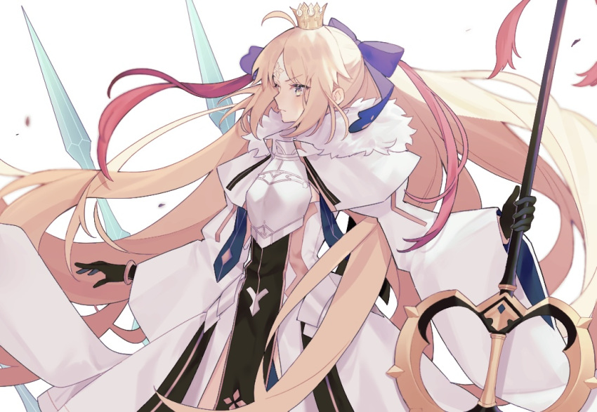 1girl ahoge armor armored_dress artoria_caster_(fate) artoria_caster_(third_ascension)_(fate) artoria_pendragon_(fate) black_gloves blonde_hair blue_ribbon blush bracelet breastplate breasts capelet crown dress facial_mark fate/grand_order fate_(series) faulds forehead_mark fur-trimmed_capelet fur_trim gloves green_eyes hair_ribbon jewelry lance long_hair long_sleeves marmyadose_(fate) polearm ribbon small_breasts solo spear twintails uxco0 weapon white_capelet white_dress wide_sleeves