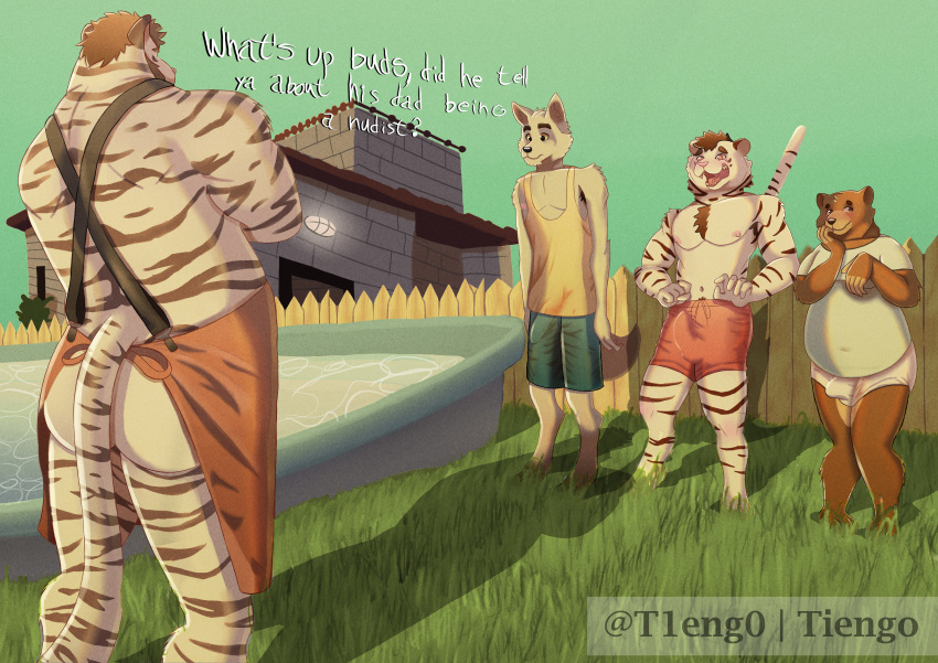 absurd_res anthro apron armpit_hair barazoku barefoot bear blush body_hair brown_body brown_fur building bulge butt canid canine canis clothed clothed/nude clothing daddy_kink day embarrassed erect_tail erection fan_character father father_and_child father_and_son feet felid fence fur genitals grass grey_body grey_fur group hi_res house light lightly_chubby male male/male mammal muscular nipples nude open_mouth outside overweight pantherine parent parent_and_child pecs penis plant pool provocative public public_exposure public_nudity shadow sky small_penis son stripes sunlight surprise tiengo tiger underwear white_body white_fur wolf
