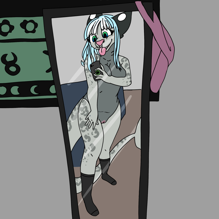 2019 anthro bedroom black_clothing black_footwear black_socks blue_hair cellphone clothing detailed_background digital_drawing_(artwork) digital_media_(artwork) eyelashes facial_piercing felid female fish flat_colors footwear footwear_only fur genitals green_eyes grey_body grey_fur ground_shark hair hi_res holding_cellphone holding_object holding_phone holding_smartphone humanoid_hands hybrid inside leopard_shark leopard_spots mammal marine mirror_selfie mostly_nude nose_piercing pantherine phone piercing pink_nose pink_pussy pink_tongue plantigrade popsocket pussy selfie shark smartphone sneplord snoe_(sneplord) snow_leopard socks socks_only solo spots standing tail taking_selfie teeth tongue tongue_out triakid