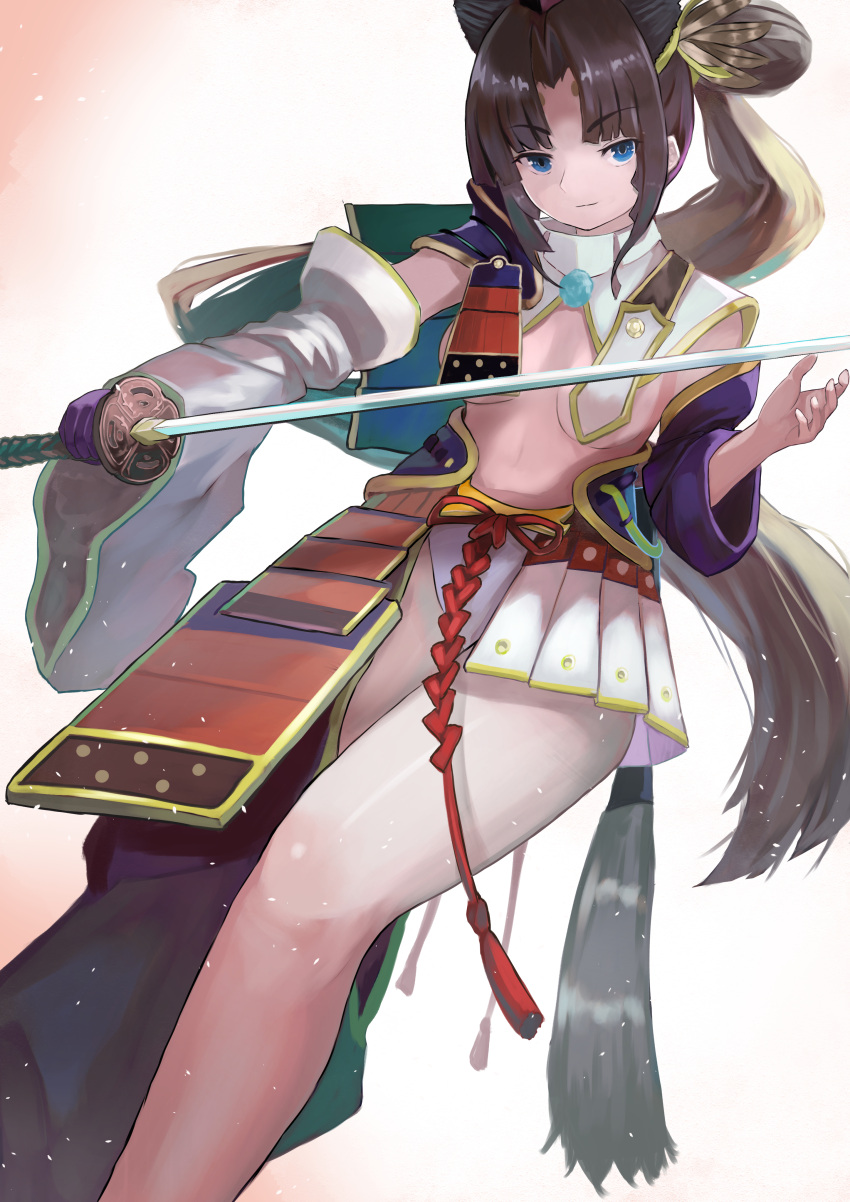 1girl absurdres armor asymmetrical_clothes asymmetrical_sleeves black_hair blue_eyes blue_panties breast_curtains breasts closed_mouth commentary_request detached_sleeves fate/grand_order fate_(series) feather_hair_ornament feathers gloves hair_ornament hat highres holding holding_sword holding_weapon japanese_armor katana kusazuri long_hair looking_at_viewer medium_breasts mismatched_sleeves navel panties parted_bangs pom_pom_(clothes) purple_gloves purple_sleeves revealing_clothes shoulder_armor side_ponytail simple_background single_glove single_pantsleg smile sode solo sword tassel underwear ushiwakamaru_(fate) very_long_hair weapon white_background white_sleeves wide_sleeves yamaoka_d1