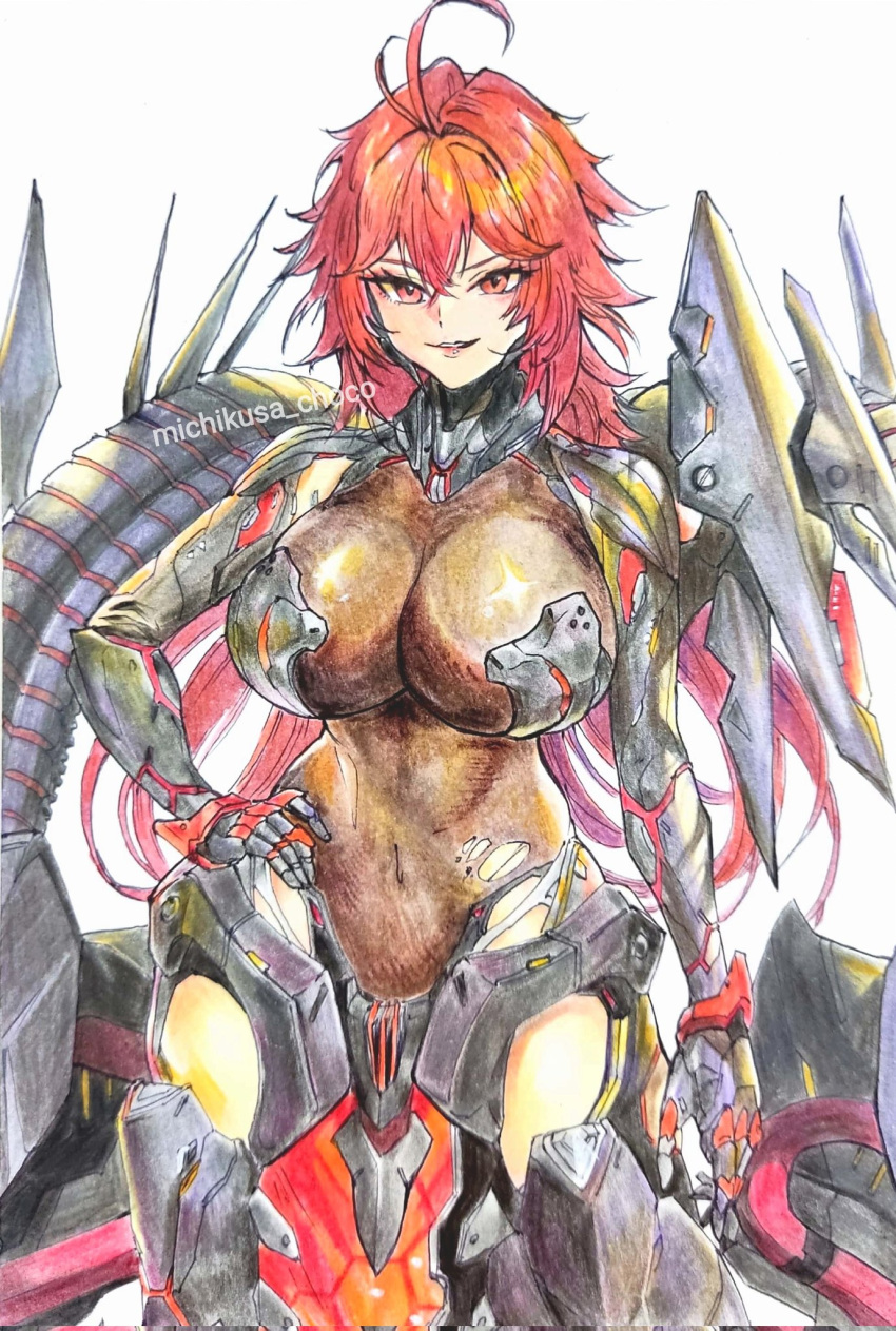 1girl ahoge antenna_hair arm_armor armored_leotard bodystocking boobplate breasts colored_pencil_(medium) covered_navel goddess_of_victory:_nikke grin hair_between_eyes hand_on_own_hip highres huge_breasts long_hair looking_at_viewer michikusa_choco nihilister_(nikke) red_eyes red_hair see-through_cleavage sidelocks simple_background smile solo torn_bodystocking torn_clothes traditional_media twitter_username upper_body white_background