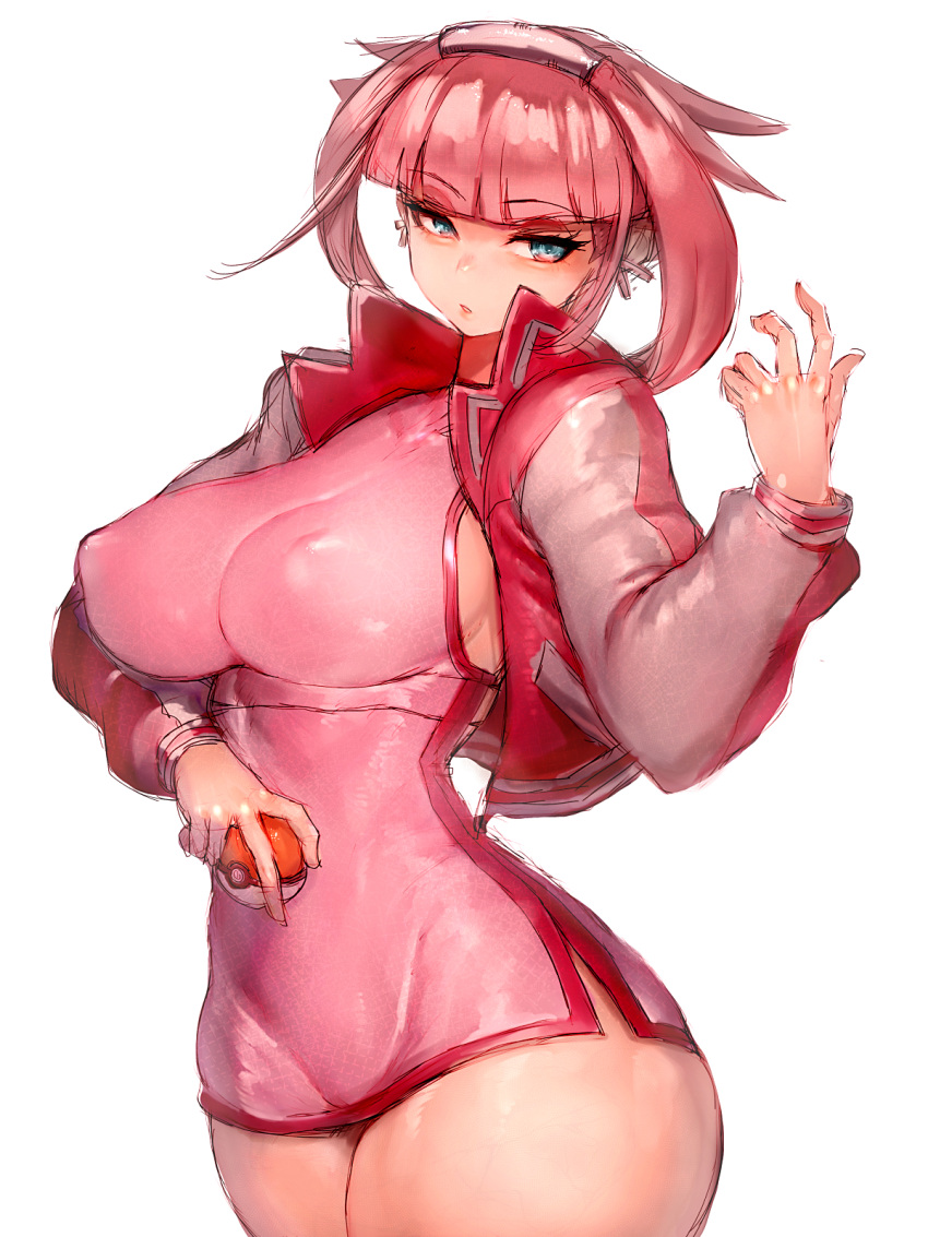 1girl blue_eyes breasts covered_nipples dress earrings fumio_(rsqkr) hat highres holding holding_poke_ball jacket jewelry joy_(pokemon) large_breasts lips nurse_cap open_hand parted_lips pink_dress pink_jacket poke_ball poke_ball_(basic) pokemon pokemon_(game) redesign sleeveless sleeveless_dress thick_thighs thighs twintails white_background