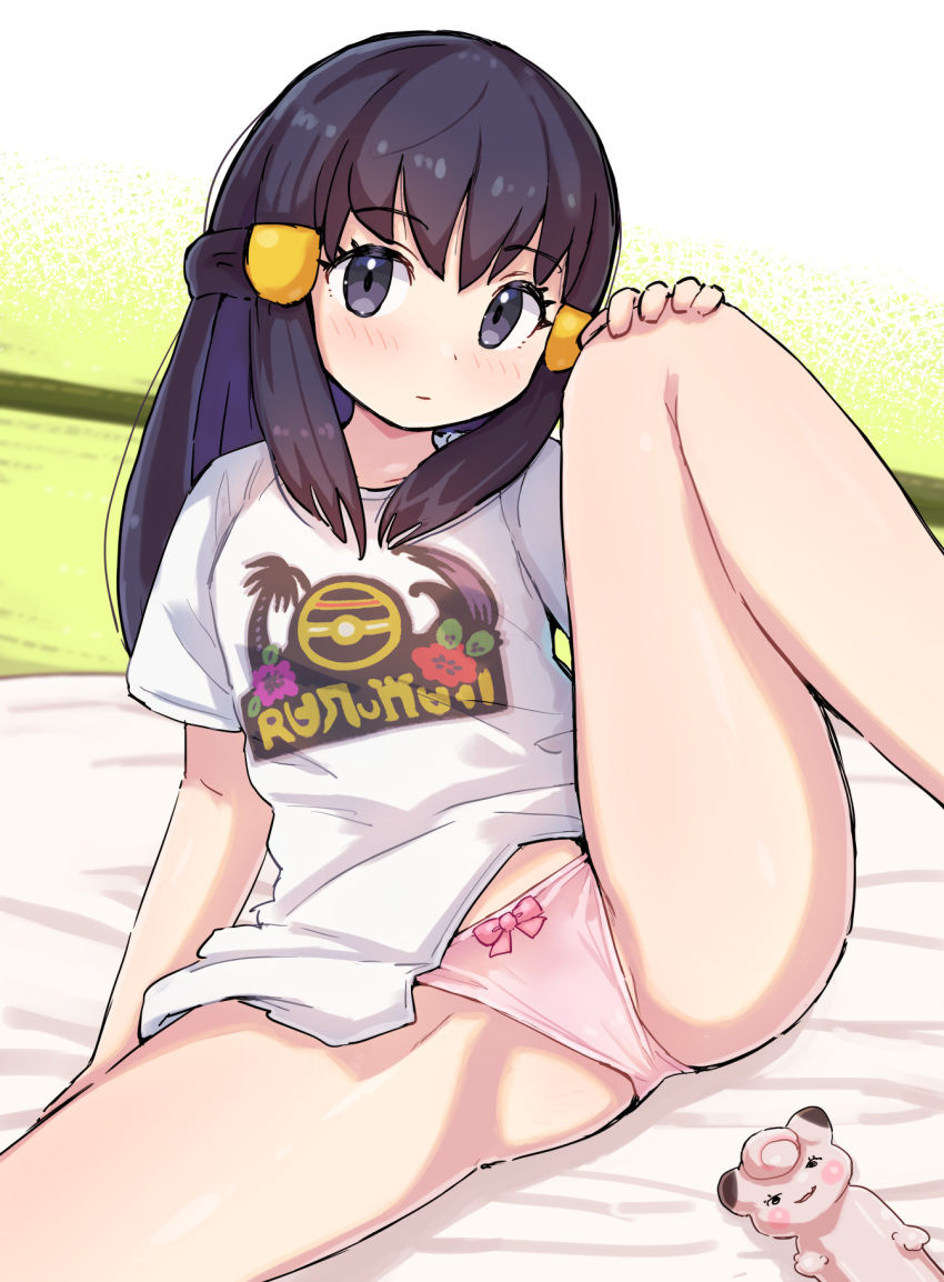 1girl akari_(pokemon) black_hair blush bottomless cameltoe closed_mouth commentary_request eyelashes grey_eyes hair_ornament hairclip highres indoors kutabireta_neko leg_hold long_hair looking_at_viewer panties pink_panties pokemon pokemon_(game) pokemon_legends:_arceus print_shirt shirt short_sleeves sidelocks solo spread_legs t-shirt underwear white_shirt