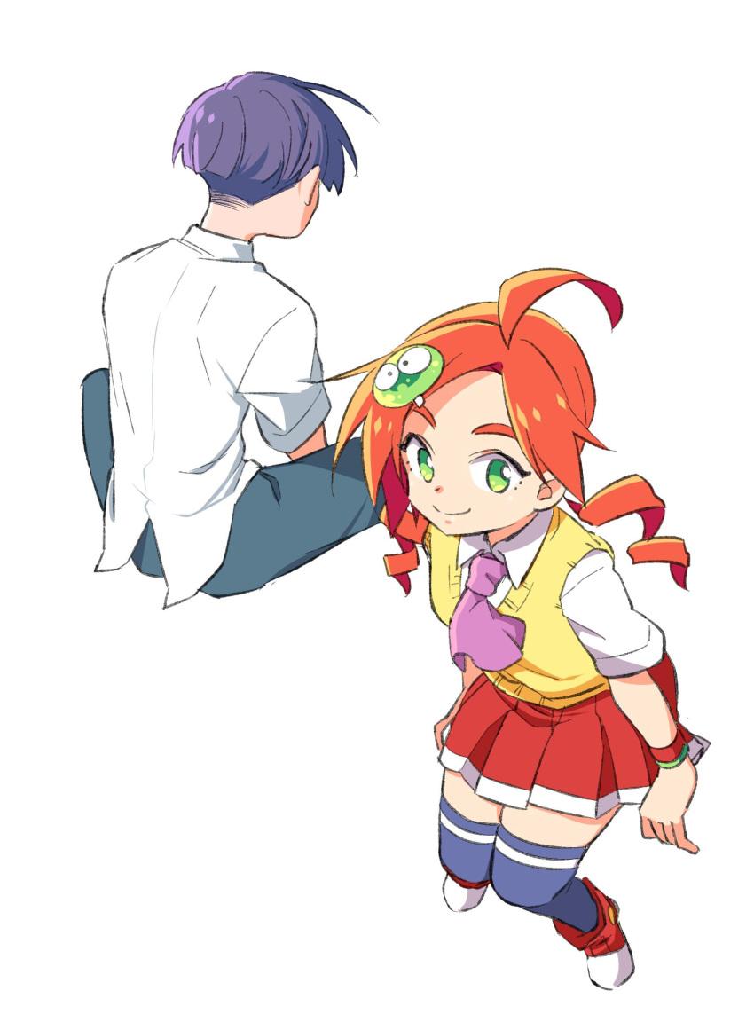 1boy 1girl 4lily ahoge andou_ringo character_hair_ornament closed_mouth drill_hair full_body green_eyes hair_ornament highres looking_at_viewer pleated_skirt purple_hair puyopuyo puyopuyo_7 red_hair sasaki_maguro school_uniform short_hair simple_background skirt smile sweater_vest thighhighs twin_drills twintails white_background