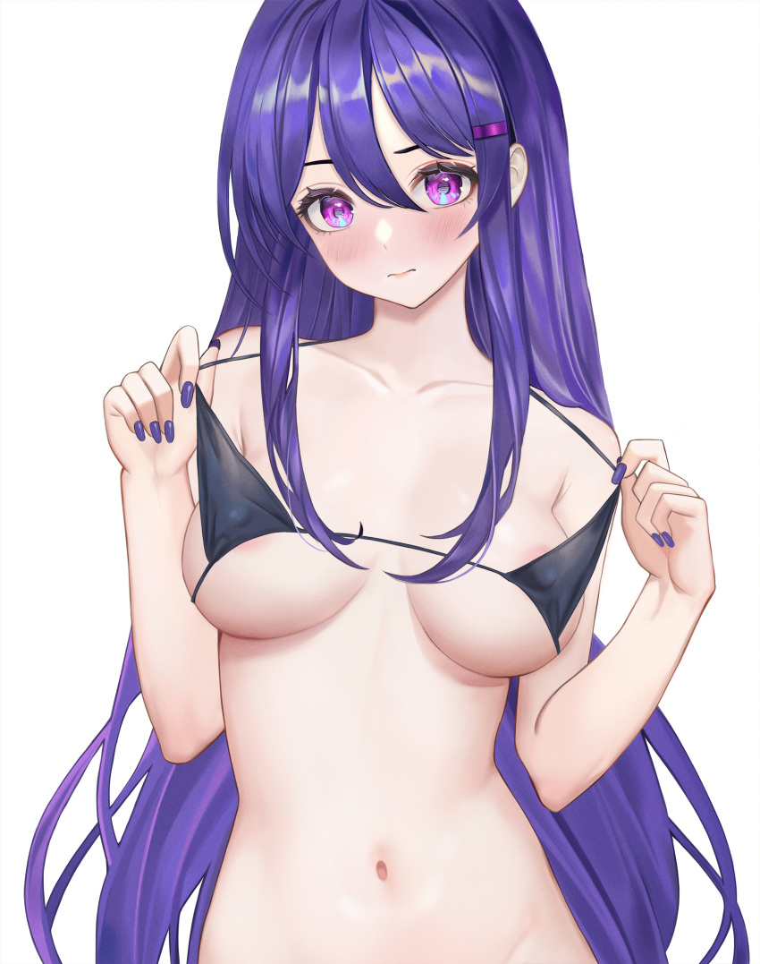 1girl absurdres bikini black_bikini blush breasts collarbone commentary doki_doki_literature_club groin hair_ornament hairclip head_tilt highres large_breasts long_hair looking_at_viewer nail_polish navel purple_eyes purple_hair purple_nails simple_background solo stomach swimsuit upper_body very_long_hair white_background yami_(rear4742) yuri_(doki_doki_literature_club)