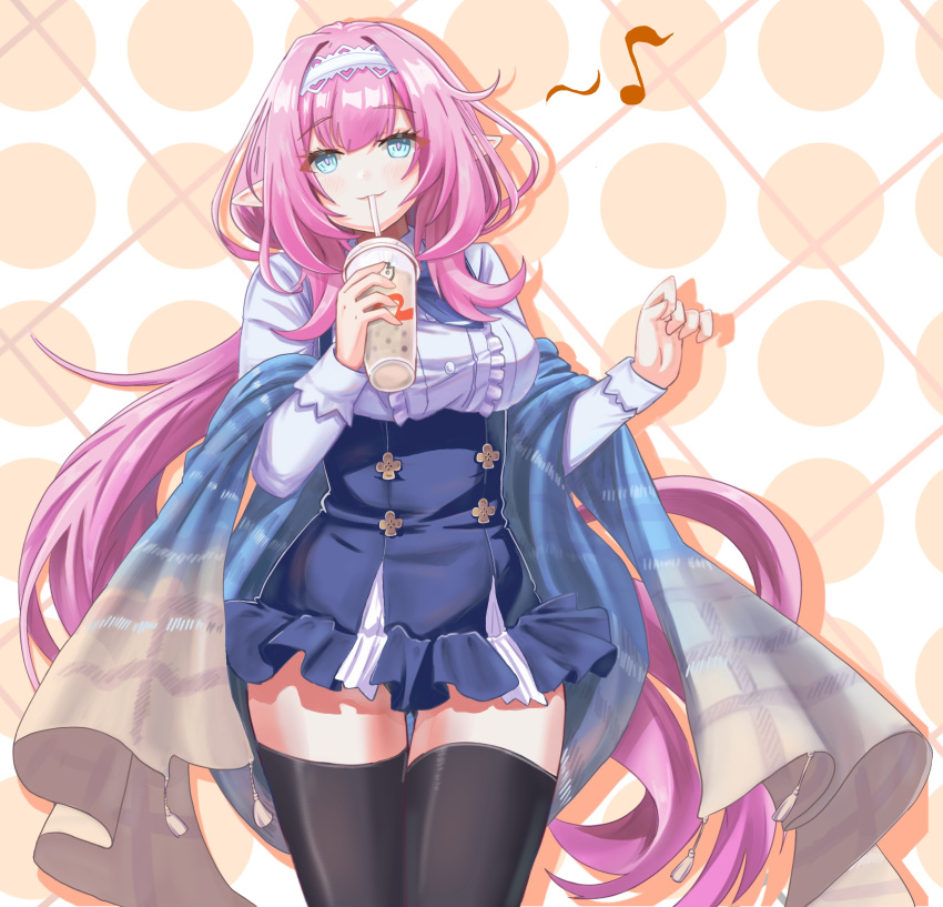 1girl absurdres black_thighhighs blue_eyes blue_skirt breasts center_frills closed_mouth commentary_request cup disposable_cup drinking_straw drop_shadow eighth_note elysia_(honkai_impact) frills hairband hands_up high-waist_skirt highres holding holding_cup honkai_(series) honkai_impact_3rd long_hair long_sleeves looking_at_viewer medium_breasts musical_note pink_hair pointy_ears shawl shirt skirt smile solo thighhighs tsuroro_art very_long_hair white_hairband white_shirt
