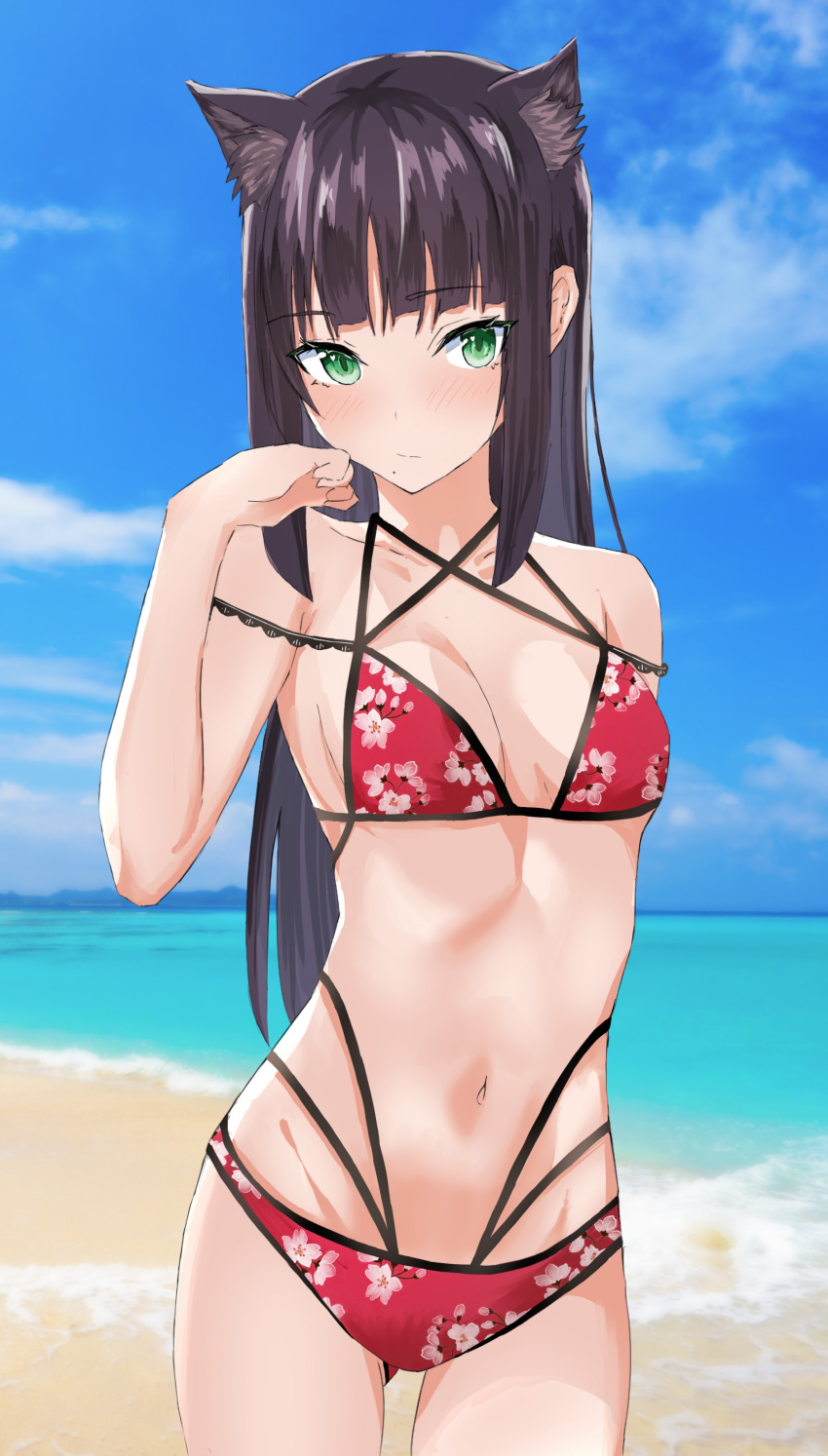 1girl absurdres alumina_(kennmeidesu) animal_ears beach bikini black_hair blue_sky blunt_bangs breasts cat_ears cloud commentary_request day floral_print green_eyes highres horizon kurosawa_dia long_hair love_live! love_live!_sunshine!! mole mole_under_mouth multi-strapped_bikini ocean outdoors red_bikini sky small_breasts solo swimsuit