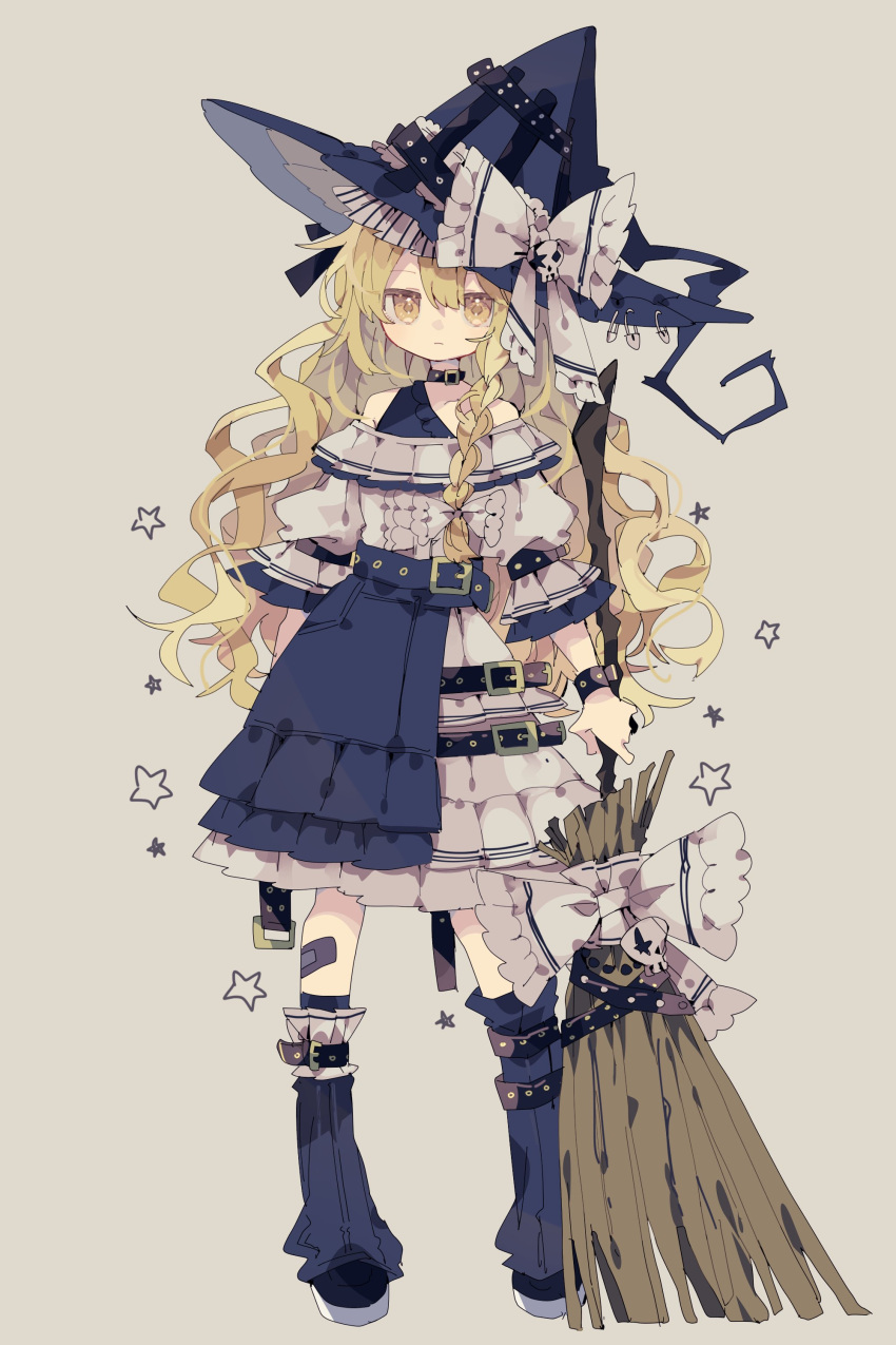 1girl absurdres alternate_costume bare_shoulders black_footwear blonde_hair boots bow broom commentary_request dress hair_between_eyes hat hat_bow highres holding holding_broom kirisame_marisa long_hair nikorashi-ka simple_background solo star_(symbol) touhou very_long_hair white_bow white_dress witch_hat