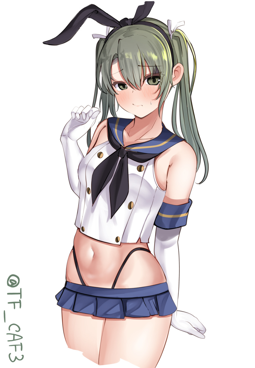 1girl animal_ears bare_shoulders blue_skirt breasts buttons cosplay cowboy_shot dark_green_hair double-breasted elbow_gloves fake_animal_ears gloves green_hair hair_ribbon hairband highres kantai_collection looking_at_viewer midriff navel pleated_skirt ribbon shimakaze_(kancolle) shimakaze_(kancolle)_(cosplay) simple_background skirt sleeveless small_breasts solo tf_cafe thong twintails twitter_username white_background white_gloves zuikaku_(kancolle)