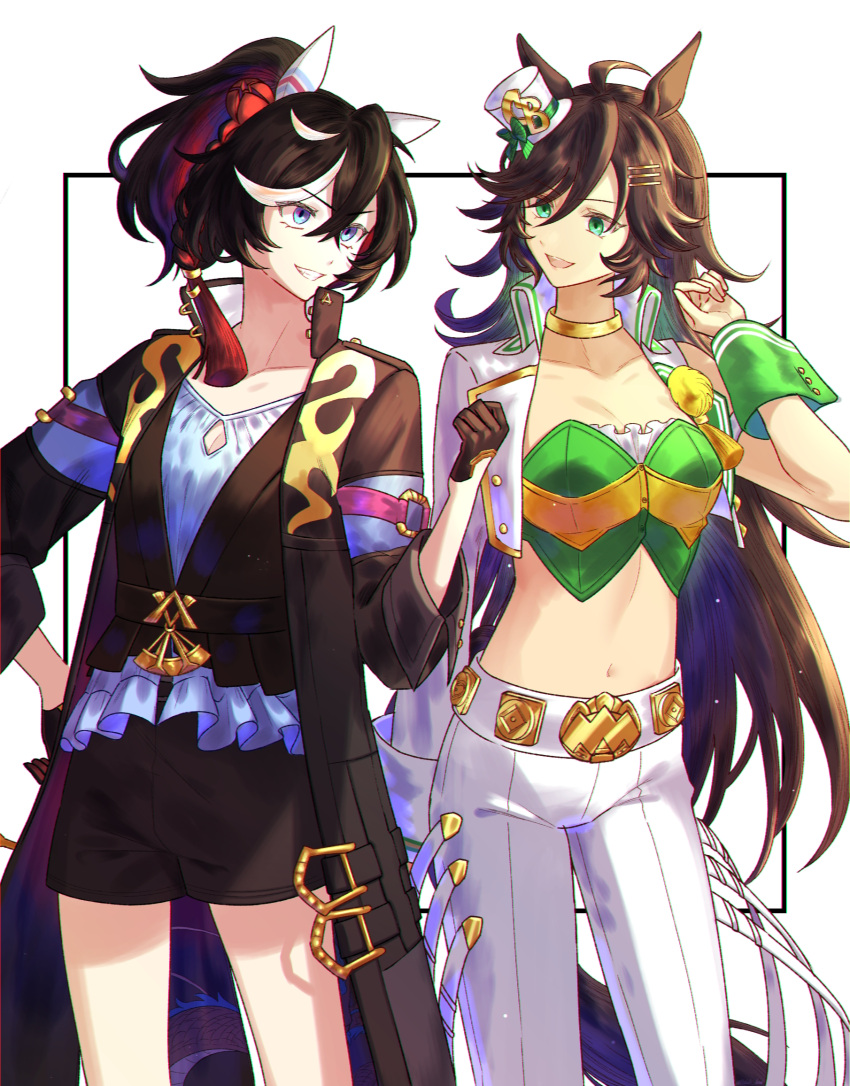 2girls :d ahoge animal_ears black_coat black_hair black_shirt black_shorts blue_eyes brown_hair choker coat commentary_request cowboy_shot crop_top cropped_jacket green_eyes green_shirt hat highres horse_ears jacket jagaimobeniko katsuragi_ace_(umamusume) long_hair long_sleeves looking_at_viewer midriff mini_hat mini_top_hat mr._c.b._(umamusume) multiple_girls navel open_clothes open_coat open_jacket open_mouth pants shirt short_shorts shorts smile standing stomach strapless strapless_shirt thighs top_hat umamusume very_long_hair white_background white_headwear white_jacket white_pants yellow_choker