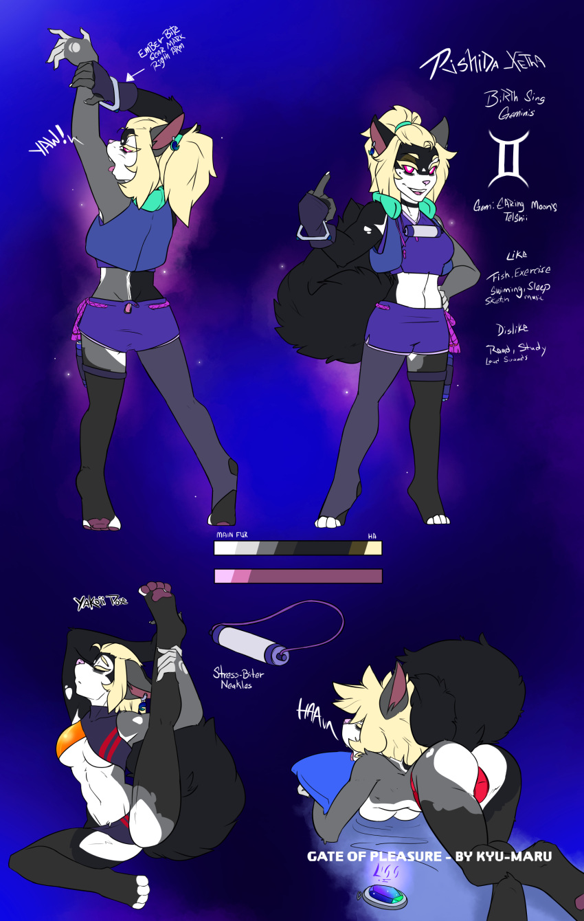 absurd_res anthro athletic blonde_hair domestic_cat felid feline felis female female/female fur hair hi_res humanoid kyu-maru mammal model_sheet multicolored_body multicolored_fur noxkat open_mouth pink_eyes rishida_xetha sleeping solo yawn yoga