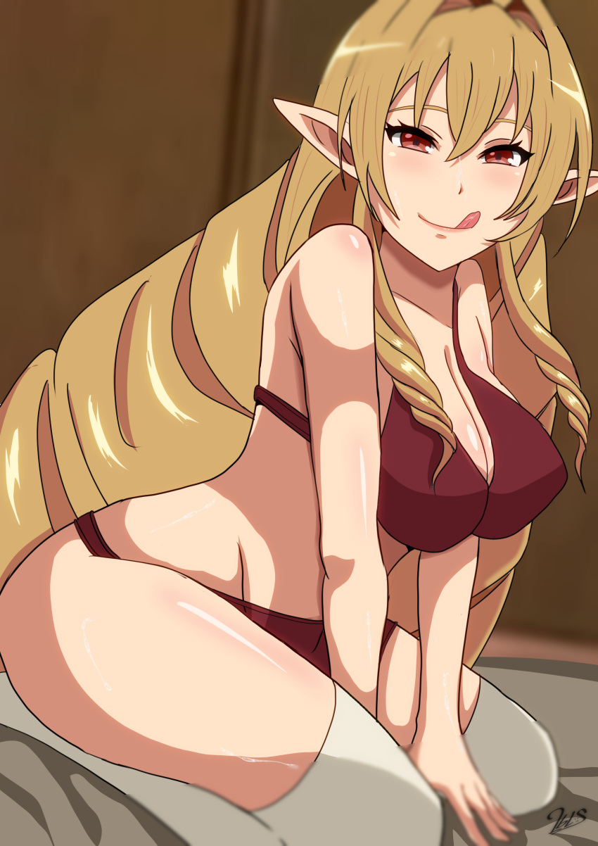 1girl 2bls :p blush bra breasts cleavage elf elinalise_dragonroad highres looking_at_viewer mushoku_tensei pointy_ears smile solo thighhighs tongue tongue_out underwear wide_hips