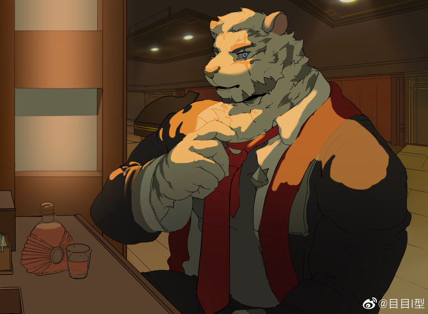 1boy absurdres adjusting_clothes adjusting_necktie alternate_costume animal_ears arknights bara blue_eyes facial_hair furry furry_male goatee highres large_hands looking_at_viewer male_focus me-me_(mouact2) mountain_(arknights) necktie red_necktie scar scar_across_eye short_hair sideways_glance solo thick_eyebrows tiger_boy tiger_ears white_hair