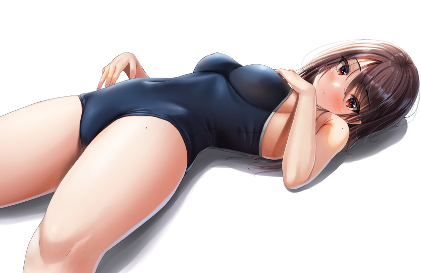 1girl bare_arms black_one-piece_swimsuit blush breasts brown_hair commentary_request competition_school_swimsuit covered_navel highres long_hair looking_at_viewer lying medium_breasts mole mole_on_arm on_back one-piece_swimsuit original parted_lips red_eyes school_swimsuit school_uniform shadow sideboob simple_background swimsuit thighs white_background yukemuriganmo