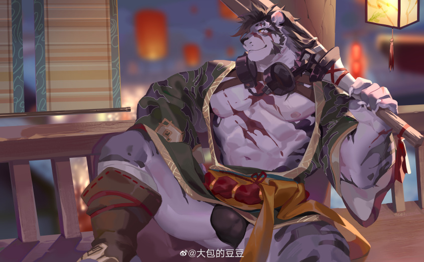 1boy abs absurdres animal_ears ass bara bare_pectorals black_fundoshi black_male_underwear bulge covered_penis feet_out_of_frame furry furry_male green_kimono grey_fur highres icelernd japanese_clothes kimono large_bulge large_pectorals long_sideburns looking_to_the_side male_focus male_underwear mature_male muscular muscular_male navel nipples official_alternate_costume open_clothes open_kimono over_shoulder pectorals scar scar_on_chest sdorica sideburns sitting smile solo spread_legs stomach thick_thighs thighs tiger_boy tiger_ears underwear weapon weapon_over_shoulder wooden_floor yao_(sdorica)