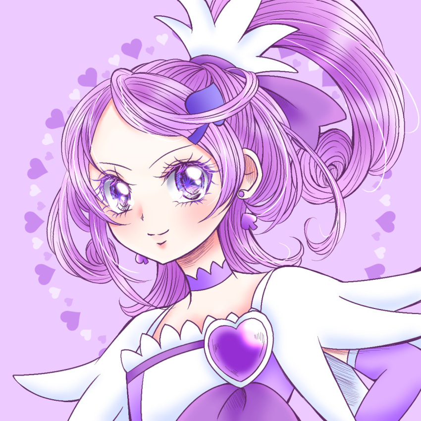 1girl brooch choker closed_mouth commentary cure_sword dokidoki!_precure dress earrings hair_ornament hair_ribbon heart heart_brooch high_ponytail jewelry looking_at_viewer magical_girl medium_hair precure purple_background purple_choker purple_dress purple_eyes purple_hair purple_ribbon purple_theme ribbon shopan_(melody1015jump) smile solo spade_(shape) spade_earrings spade_hair_ornament swept_bangs upper_body