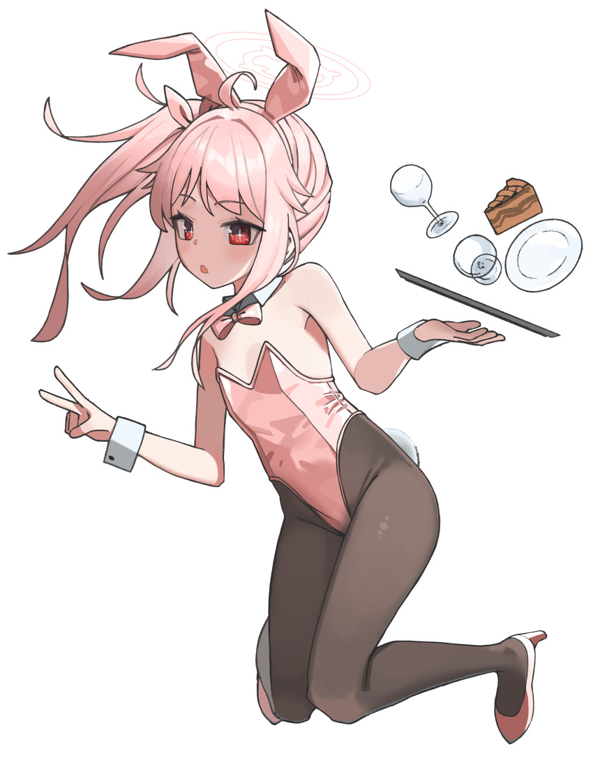 +_+ 1girl :&lt; absurdres ahoge alternate_costume animal_ears bare_shoulders black_pantyhose blue_archive bow bowtie breasts cake cake_slice cup detached_collar drinking_glass fake_animal_ears fake_tail falling flat_chest food halo high_heels highres knees_together_feet_apart leotard medium_hair momocadraw natsu_(blue_archive) open_mouth pantyhose pink_bow pink_bowtie pink_eyes pink_hair pink_leotard plate playboy_bunny rabbit_ears rabbit_tail side_ponytail simple_background small_breasts solo tail tray v white_background wine_glass wrist_cuffs