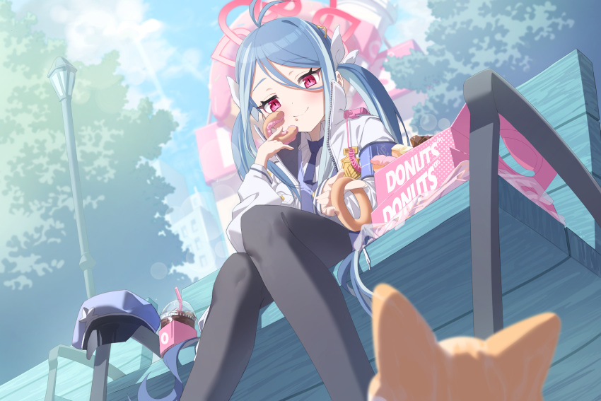 1girl antenna_hair applepie_(12711019) black_pantyhose blue_archive blue_armband blue_hair blue_necktie blue_vest closed_mouth collared_shirt commentary dog doughnut drink feet_out_of_frame food from_below fubuki_(blue_archive) hair_between_eyes hair_ornament hair_ribbon halo hat heart heart_hair_ornament highres jacket knees_together_feet_apart long_hair multicolored_hair necktie on_bench outdoors pantyhose pastry_box peaked_cap pink_eyes pink_halo police police_badge police_hat police_uniform ribbon shirt sitting sitting_on_bench smile solo streaked_hair swept_bangs twintails uniform vest walkie-talkie white_jacket white_ribbon white_shirt