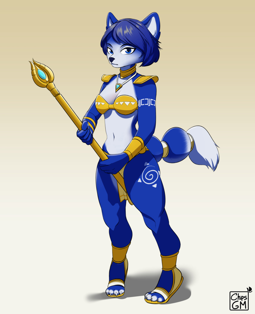 2023 absurd_res anthro armor bikini_armor blue_body blue_fur breasts canid canine chipsgm clothed clothing digital_media_(artwork) dress eyebrows female footwear fox fur gold_(metal) gold_jewelry hair hi_res jewelry krystal leg_tattoo looking_at_viewer lying mammal navel necklace nintendo on_front sandals short_hair simple_background small_waist solo standing star_fox tail tattoo thick_thighs tiptoes unconvincing_armor watermark